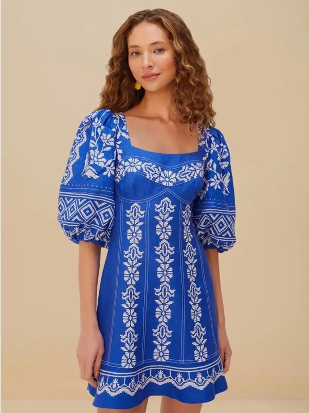 FARM Rio Royal Blue Embroidered Puff-Sleeve Mini Dress